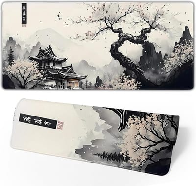 Oversized gaming muismat met Japanse pagode en kersenbloesem – Antislip rubberen basis en genaaide randen (90 x 40 x 0,3 cm)