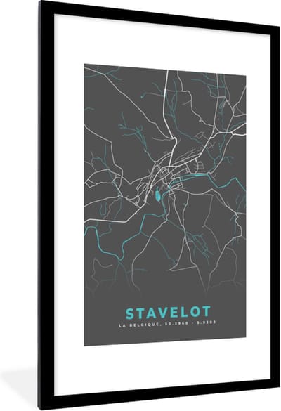 Fotolijst incl. Poster - Stadskaart – Grijs - Kaart – Stavelot – België – Plattegrond - 80x120 cm - Posterlijst