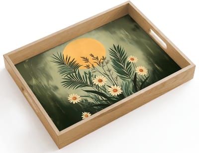 Dienblad hout 40x30 cm - Schootdienblad - Bloemen - Bladeren - Zon - Groen - Borrelplank rechthoek - Plateau dienbladen