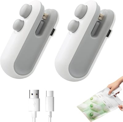 Mini Zaksluiters - Oplaadbaar met Magneet en Snijder - Handmatige Druk Sealer voor Voeding - Houdt Snacks Vers - Wit - 2 Stuks