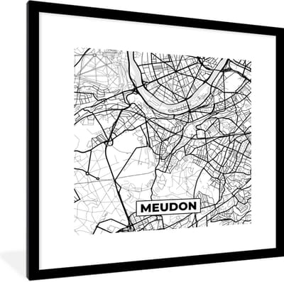 Fotolijst incl. Poster Zwart Wit- Plattegrond - Meudon - Kaart - Frankrijk - Stadskaart - Zwart wit - 40x40 cm - Posterlijst