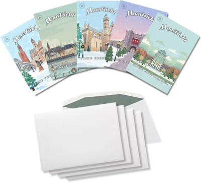 Inspra Studio – Luxe Kerstkaarten met Enveloppen – 5 Stuks – Maastricht Stad Wenskaarten – Artistieke Illustraties van Nederlandse Steden