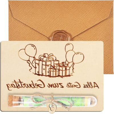 Houten verpakking met reageerbuisjes en binddraad voor creatieve cadeau-ideeën, origineel geldcadeau voor verjaardagen en feestelijke gelegenheden
