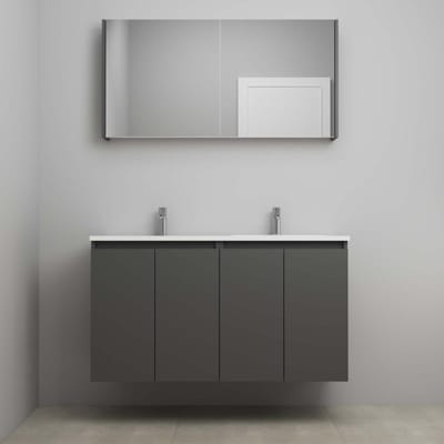 On-Line Badkamermeubelset - 120 cm - Bouwpakket - Greeploos 4 Deuren - Acryl Wastafel - 2 Kraangaten - Spiegelkast - Mat Antraciet