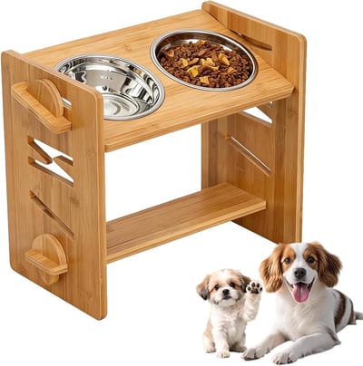Hondenvoerbak Verhoogd - Voerstation Hond - Comfortabel Eten - 7 Hoogte-instellingen - 2 x 700 ml - Houtkleur