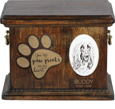 Persoonlijke urn voor Afghan Hound met foto en as van je hond