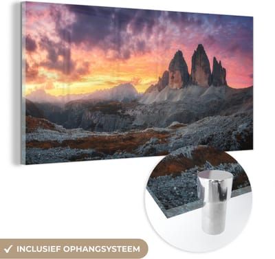 MuchoWow® Glasschilderij 40x20 cm - Schilderij acrylglas - Rotsen - Berg - Zonsondergang - Landschap - Foto op glas - Schilderijen
