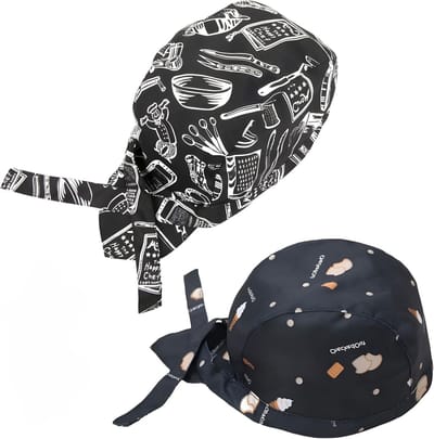 Set van 2 Verstelbare Unisex Koksbonnen + 2 Koksinsignes, Ademend Zwart Bandana, Uniform Accessoires voor Keuken, Restaurant en Feestjes