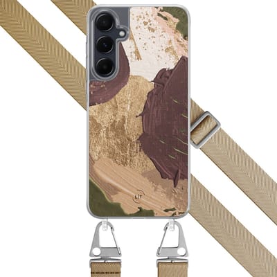 Hoesje met koord - Geschikt voor Samsung Galaxy A54 - Abstract art - Verstelbaar zwart koord - Crossbody - Print / Illustratie - Bruin, Beige - Leuke Telefoonhoesjes