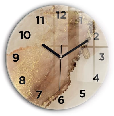 Wallfluent Wandklok - Beige moderne kunst Klok met Afbeelding - 60 cm x 60 cm - Bruin Wandklok - Zwarte Handen - Wandklok Met Cijfers - Stille Wandklok Slaapkamer - Ronde Glazen Klok - Minimalistisch Wandklok - Klok met Afbeelding