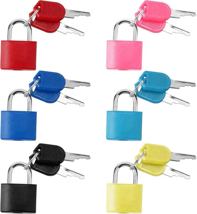 Koffersloten met sleutels, 6 stuks gekleurde kleine koffer bagagehangsloten met sleutels, met kunststof bedekt koperen hangslot, veelkleurig klein metalen hangslot, reissloten voor bagage, hangslot
