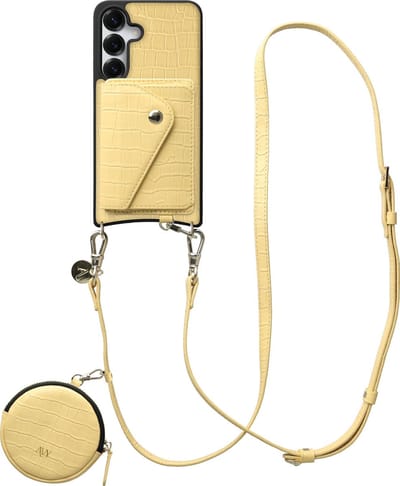 AVY Leren Hoesje geschikt voor Samsung Galaxy S25 / S24 | Met Koord, Wallet en Pouch | Compatibel met MagSafe | Leather Case met 130CM Koord | Long Leather | Croco Geel