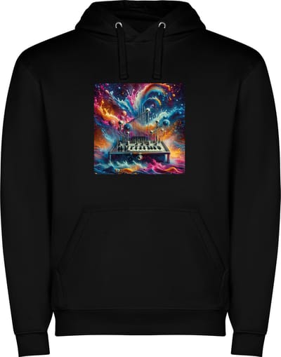 Zwarte unisex hoodie met “ Kleurrijke Mengpaneel – Muziek – Feest – Snaarinstrument “ Print Full Color Color merk Roly maat S