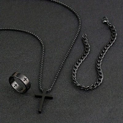 Ensemble de Bijoux Polyvalent en Acier Inoxydable pour Homme, Collier Croix Noir, Bracelet et Bague, Les Meilleurs Bijoux Black multicolore