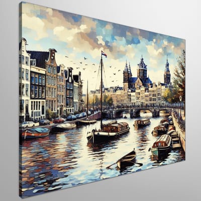 Acryl amsterdam schilderij | Amsterdamse skyline in levendige acrylverf, een adembenemend kunstwerk | Kunst - 30x30 centimeter op Canvas | Foto op Canvas