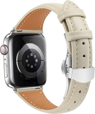 Leren bandje - geschikt voor Apple Watch 1/2/3/4/5/6/7/8/9/10/11/ SE (1,2,3) met maat 38 mm / 40 mm / 41 mm en 42 mm (Watch 10/11) - beige