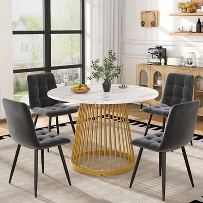 BLACKCOLORS Eetkamer set (5-delig), eetkamer set met 4 stoelen, moderne keukenset, ronde keukentafel met een diameter van 80 cm met gouden metalen poten, wit MDF-blad, eetkamerstoelen van donkergrijs fluweel