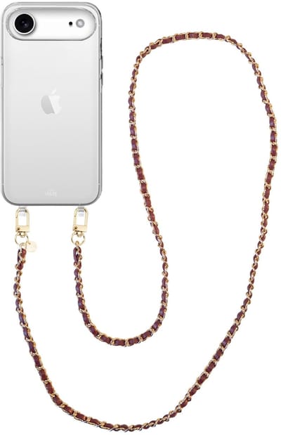 xoxo Wildhearts siliconen hoesje geschikt voor iPhone 17 Air - Classic Chain - Burgundy (lang koord) - Telefoonhoesje - Hoesje met koord - Schakelketting - Lang telefoonkoord - Bordeaux rood met goud - Transparant hoesje