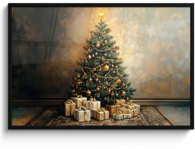 Poster in lijst - Fotolijst 120x80 cm - Posters - Kerstboom - Cadeaus - Goud - Posterlijst zwart - Decoratie - Wanddecoratie woonkamer - Muurdecoratie slaapkamer - Kerstversiering - Kerstdecoratie voor binnen - Kerstmis