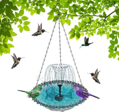 KZQ Vogelvoeder - Hangende vogelvoeder - Hangend vogelbad voor buiten - Met fontein op zonne-energie - Uitgerust met waterpomp op zonne-energie en glazen kom - Geschikt voor decoratie van de achtertuin of het terras - Zwart