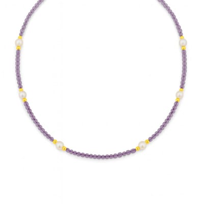 8CN-26484 – CO88 collection Kralenketting Amethist & Shellparel – Goudkleurig – Dames Sieraad