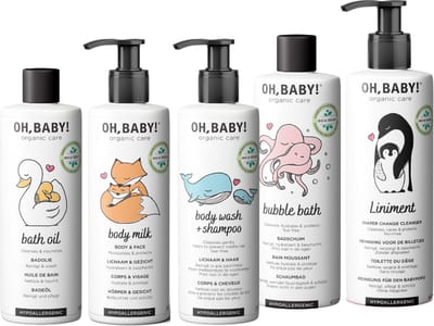 Oh, Baby! Collection (3*250ml + 2*400ml) | Natuurlijk, biologisch & vegan voor baby's en kinderen | Body Wash & Shampoo + Badolie + Badschuim + Lichaamsmelk + Liniment