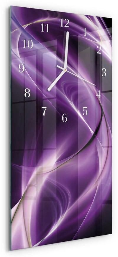 Tulup Wandklok - Golven Glazen Wandklok Design - 30x60 cm - Paars Klok Glas Met Opdruk - Witte Handen - Rechthoekige Wandklok - Decoratieve Glazen Klok - Glazen Wandklok Design