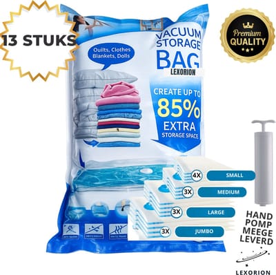 Lexorion Vacuumzakken – 13-delige Set – Met Handpomp – Grote Vacumeerzakken voor Dekbedden & Kussens – Herbruikbaar & Ruimtebesparend, Jumbo Vacuumzakken