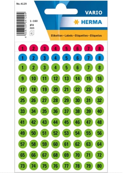 Herma Stickervel - cijfers / getallen - 0 t/m 160 - 18x vellen - gekleurd - 8 mm - rond