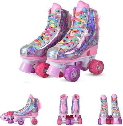 Rolschaatsen Eenhoorn - Skeelers Kinderen - Buiten Spelen - Verlichte PU-wielen - Maat 31-34 - Paars Regenboog