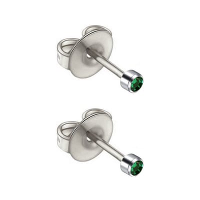 Stalen zilverkleurige mini zweerknopjes met 3mm groen kristal steentje geboortesteen mei steriel verpakt geschikt voor oorschieter