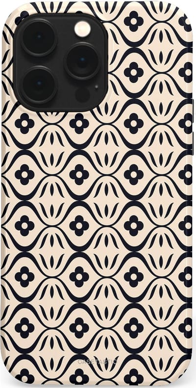 Casetastic hoesje geschikt voor Apple iPhone 14 Pro Max - MagSafe - Dubbellaagse bescherming - Retro crème-zwarte bloemenprint - Fashion Case - Crème Grijs Donkergrijs