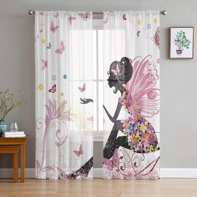 Rideaux de fenêtre transparents en Tulle blanc, château de dessin animé rose, pour salon chambre à coucher, Voile en Tulle moderne, décoration 1 PCS W100XH250cm&Grommet Top white