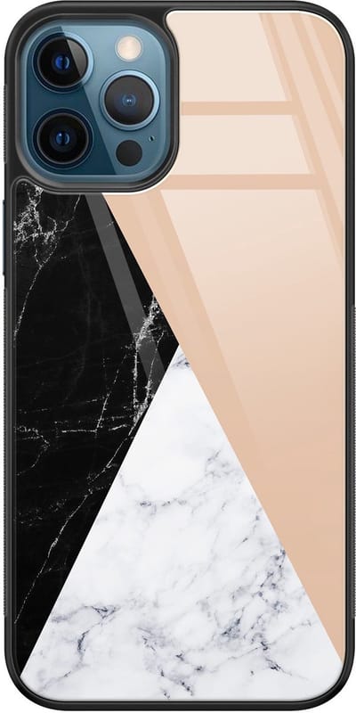 Hoesje geschikt voor iPhone 12 - Marmer zwart bruin - Luxe Glazen Hardcase - Marmer - Multi - Leuke Telefoonhoesjes