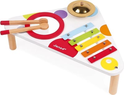 Janod Confetti - Muziektafel - Voor Kleine Muzikanten! - 3 Instrumenten Inbegrepen - Op 3 Poten Voor Meer Stabiliteit - Geschikt Vanaf 1 Jaar