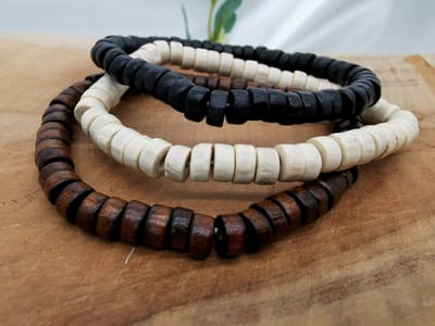 Set van 3 - Hout - Elastische - mannen - armbanden - 19 cm - natura houten rondelle vorm - kralen in 3 verschillende kleur.