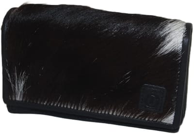 OI Zwarte leren overslagportemonnee met vacht / damesbeurs met harmonica voor veel pasjes / damesportemonnee met soufflé en vacht / RFID safe / zwart / 998