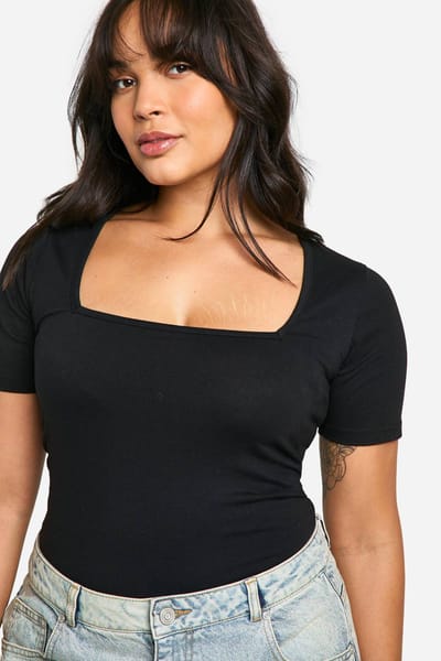 Dames Boohoo Basics Plus katoenen bodysuit met vierkante halslijn en korte mouwen | Zwart | Maat: 50
