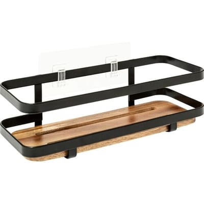 5Five Badkamer douche rekje organizer - zwart metaal/acacia hout - kleefstrip - 25 x 10 x 8 cm