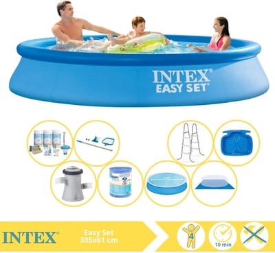 Intex Rond Opblaasbaar Easy Set Zwembad - 305 x 61 cm - Blauw - Inclusief Pomp - Solarzeil - Onderhoudspakket - Filter - Grondzeil - Schoonmaakset - Ladder - Voetenbad - 9-delig