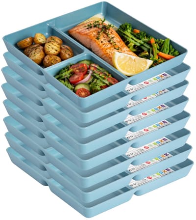Plasticforte Vakjesborden - 8x stuks - blauw - gourmetbord - 3-vaks - kunststof - 24 x 24 cm - fonduebord - bbq - camping