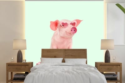 Behang - Muurdecoratie - Varken - Roze - Bril - Stopcontact - Dieren - 240x240 cm - Fotobehang - Vinylbehang