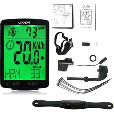 LIXADA 3-in-1 draadloze fietscomputer Multifunctioneel LCD-scherm Fietscomputer met hartslag Green backlight zwart