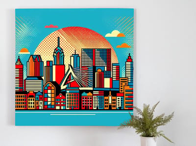 Pop art rotterdam schilderij | Rotterdamse skyline met een kleurrijke, moderne twist in pop-artstijl | Kunst - 40x40 centimeter op Canvas | Foto op Canvas