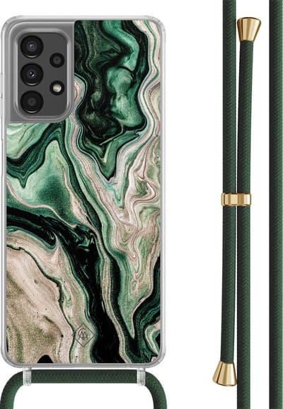 Casimoda® hoesje met groen koord - Geschikt voor Samsung A13 4G - Groen marmer / Marble - Afneembaar koord - TPU/polycarbonaat - Zwart
