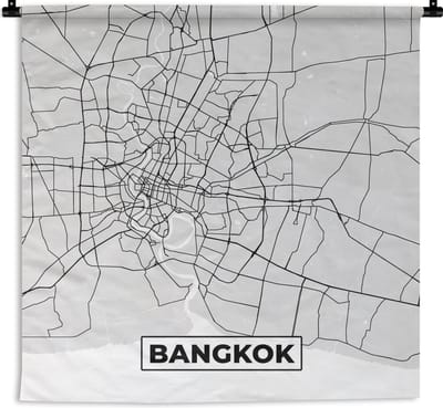 Wandkleed - Wanddoek - Bangkok - Stadskaart - Plattegrond - Zwart Wit - Kaart - 180x180 cm - Wandtapijt