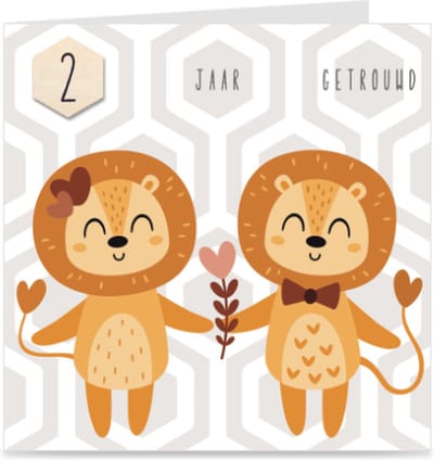 2 JAAR GETROUWD | kaart / wenskaart met envelop | LEEUWEN | voor trouwdag / huwelijksjubileum