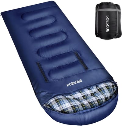 Flanellen Slaapzak - Katoenen Slaapzak - Kamperen Buiten - Draagbaar met Capuchon - XXL Formaat - Blauw