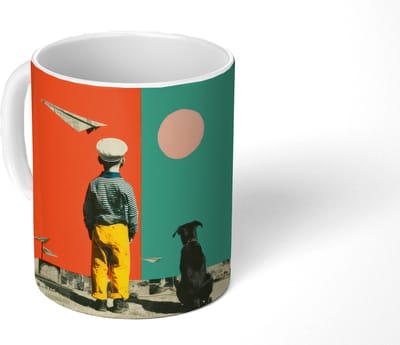 Mok - Koffiemok - Retro - Jongen - Hond - Rood - Groen - Mokken - 350 ML - Beker - Koffiemokken - Theemok