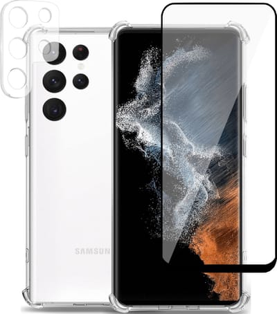 Geschikt voor Samsung S22 Ultra Hoesje + Screenprotector + Camera Beschermglas – Beschermglas Cover - Shock Proof Case Transparant